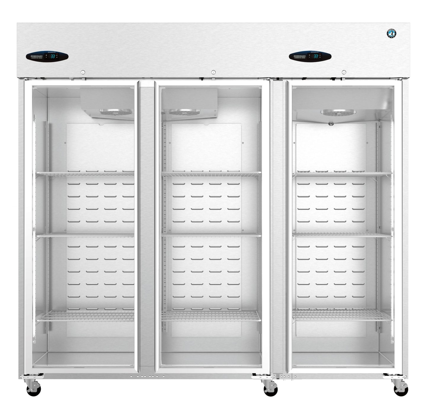 Three Section Reach In Refrigerator Hoshizaki R3A-FG Steelheart 82 1/2" (3) Left/Right Hinge Glass Doors, 115v