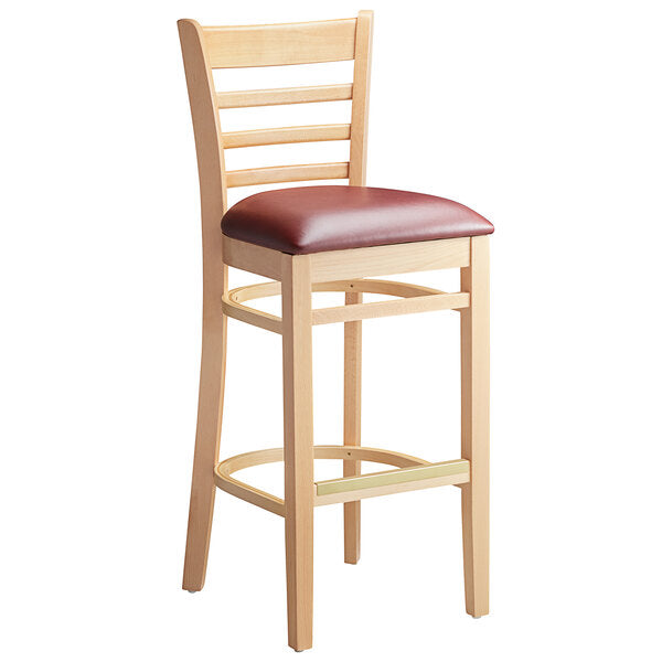 Wood Bar Stool Natural Finish Frame with 2 1/2" Burgundy Vinyl Padded Seat Solid Beechwood