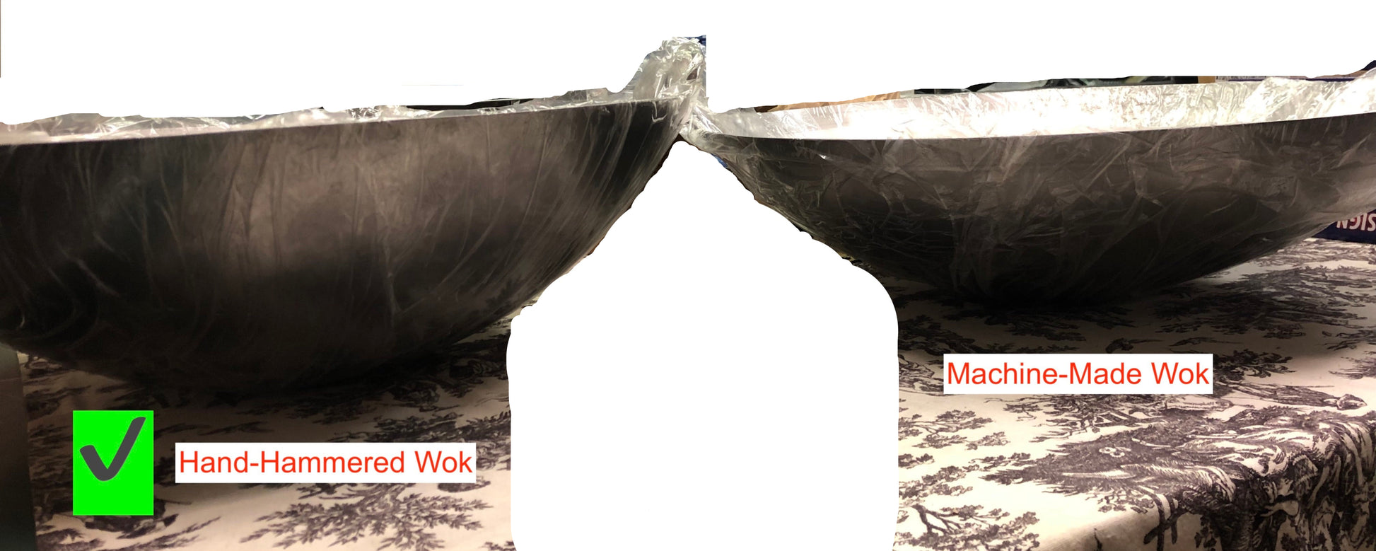 Comparison of hand-hammered wok and machine-made wok with visible differences.