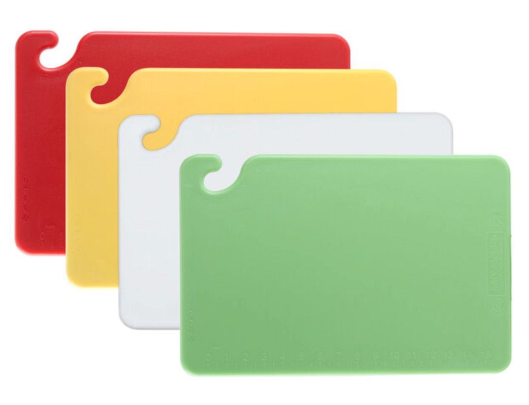 Cutting Board with Hook , 18" x 12" x 1/2" , 4-Piece Color-Coded