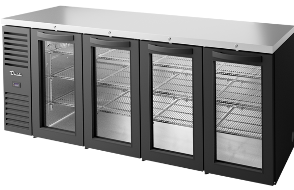 True TBR92-RISZ1-L-B-GGGG-1 92" Bar Refrigerator - 4 Swinging Glass Doors, Black, 115v