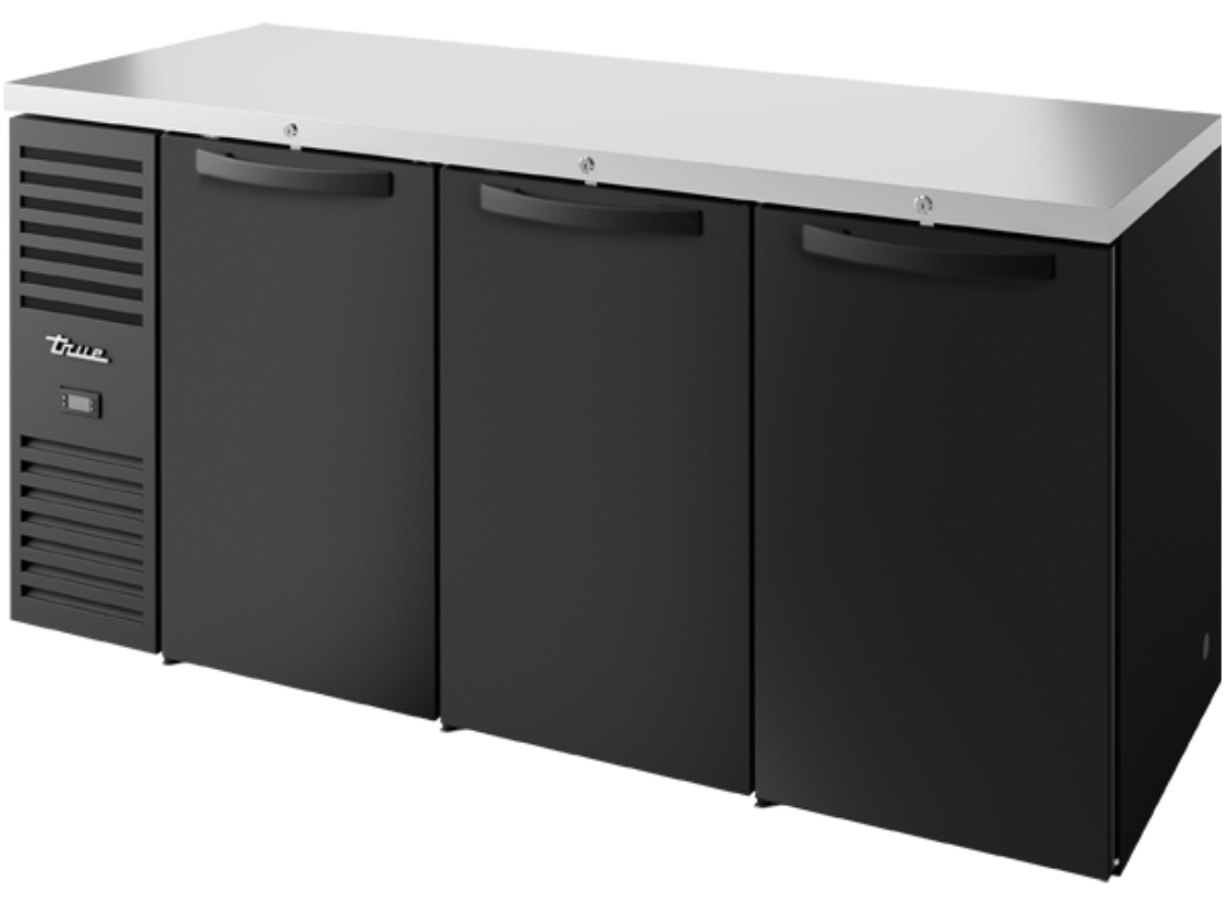 True TBR84-RISZ1-L-B-SSS-1 84" Bar Refrigerator - 3 Swinging Solid Doors, Black, 115v