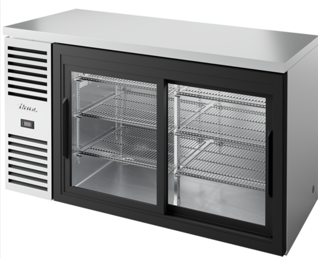 True TBR60-RISZ1-L-S-11-1 60" Bar Refrigerator - Sliding Glass Doors, Stainless, 115v