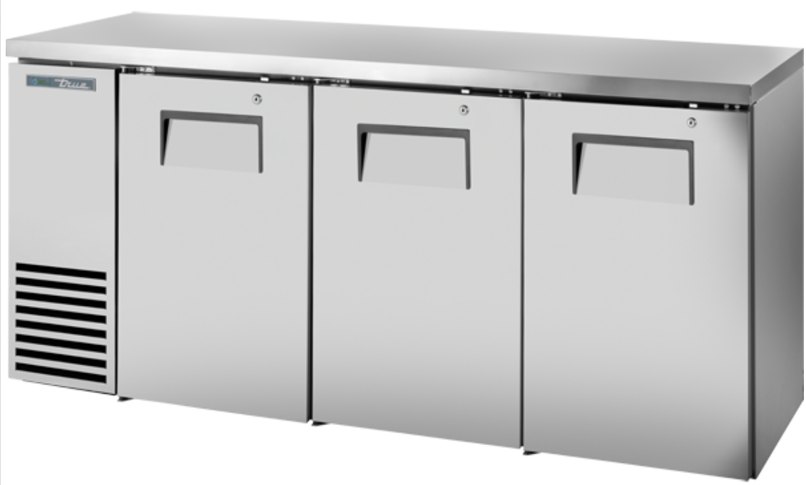 True TBB24-72-3S-Z1-SFT-S-1 72 1/8" Bar Refrigerator - 3 Swinging Solid Doors, Stainless, 115v
