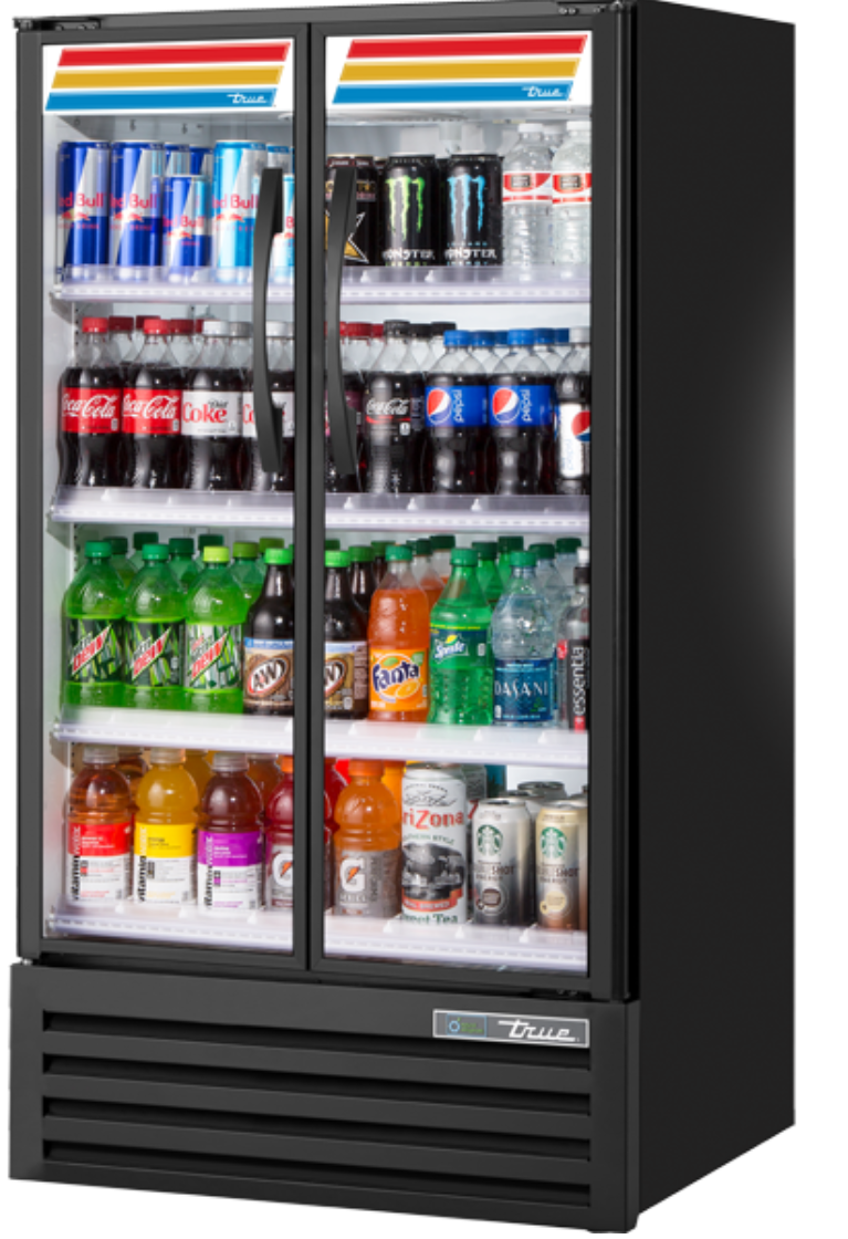 True TVM-30-HC~VM03 30 7/8" TVM Series Two Section Glass Door Merchandiser - (2) Left/Right Hinge Doors, Black, 115v