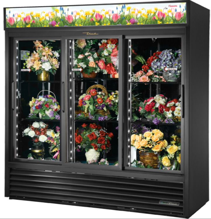 True GDM-69FC-HC-LD 3 Section Floral Cooler w/ Sliding Door - Black, 115v