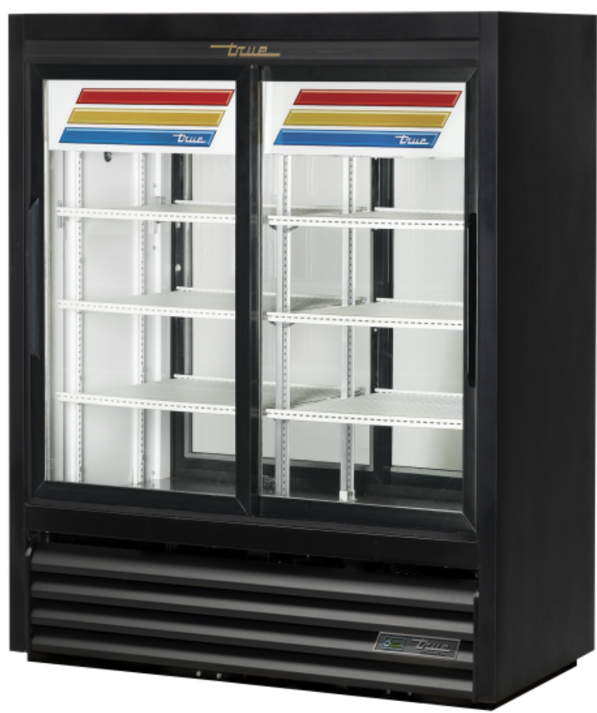 True GDM-41CPT-48-HC-LD 48" GDM Series Two Section Pass Thru Glass Door Merchandiser - (2) Sliding Doors, Black, 115v