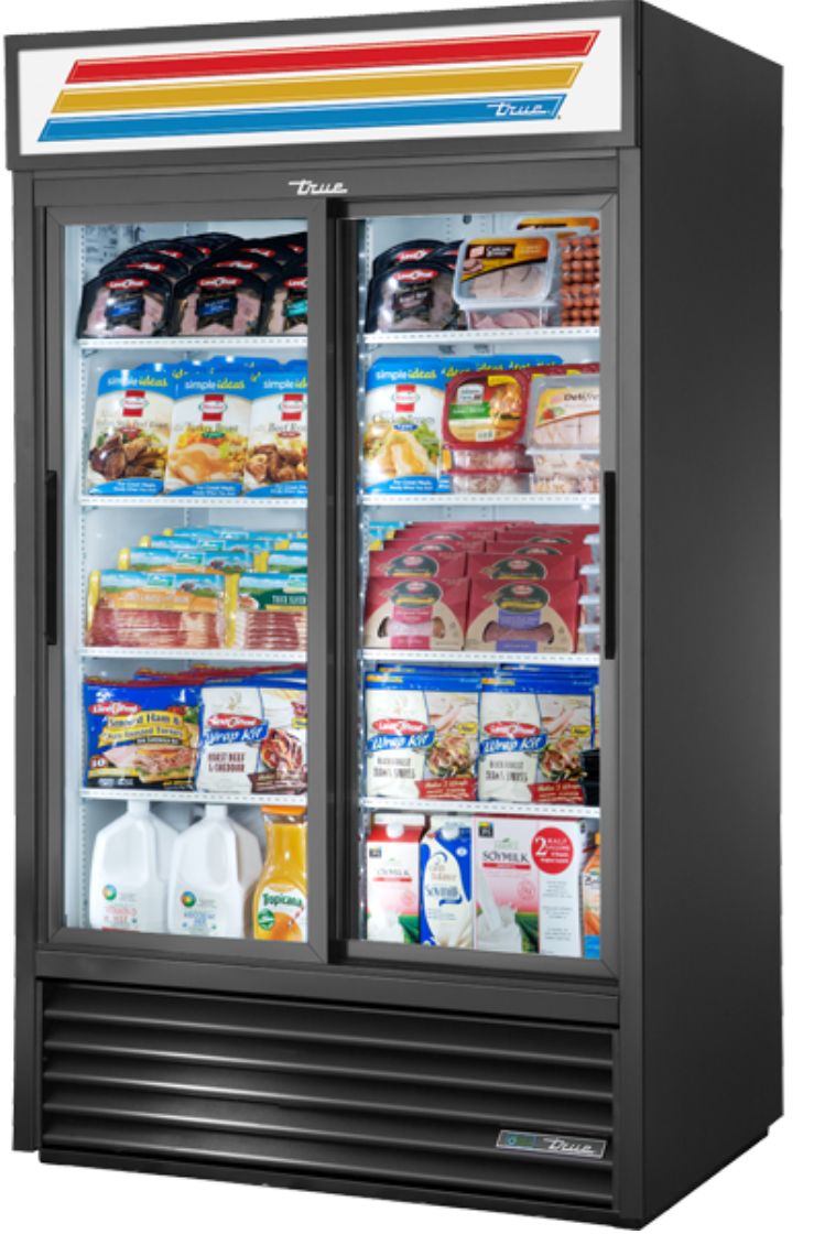 True GDM-41-HC-LD 47 1/8" GDM Series Two Section Glass Door Merchandiser - (2) Sliding Doors, Black, 115v