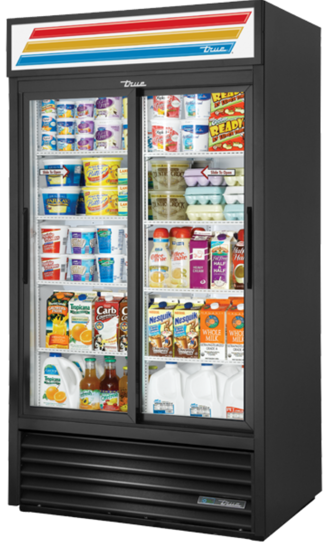True GDM-37-HC-LD 43 1/2" GDM Series Two Section Glass Door Merchandiser - (2) Sliding Doors, Black, 115v