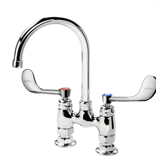 Krowne 15-401L-W-E2 Raised Deck Mount Faucet w/ 6" Gooseneck Spout & Wrist Action Handles - 4" Centers, 0.5 GPM