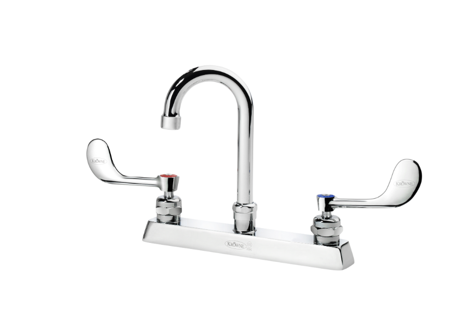Krowne 15-525L-W-E2 Deck Mount Faucet w/ 3 1/2" Gooseneck Spout & VR Wrist Action Handles - 8" Centers, 0.5 GPM