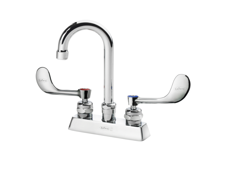 Krowne 15-325L-W-E2 Deck Mount Faucet w/ 3 1/2" Gooseneck Spout & VR Wrist Action Handles - 4" Centers, 0.5 GPM