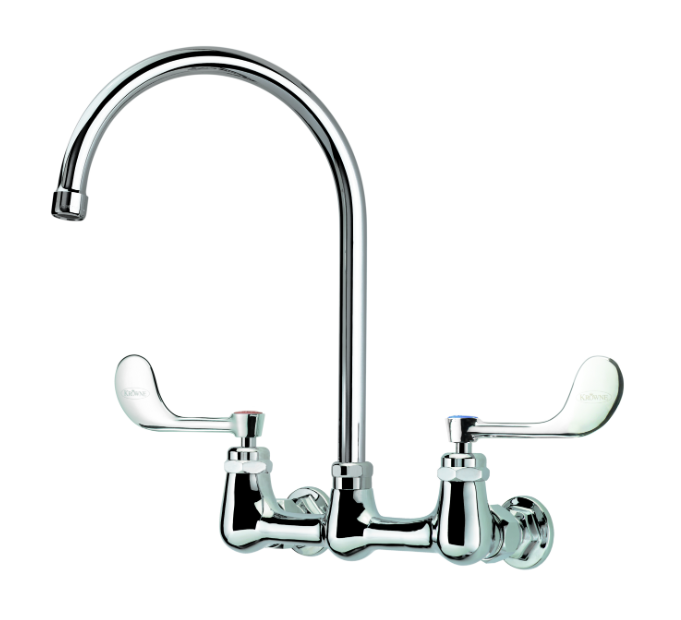 Krowne 14-802L-W-E4 Wall Mount Faucet w/ 8 1/2" Gooseneck Spout & VR Wrist Action Handles - 8" Centers, 1.5 GPM