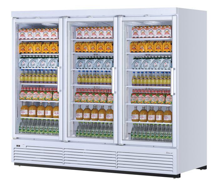 Turbo Air TJMR-85SDW-N 97 1/2" Super Deluxe Three Section Glass Door Merchandiser - (3) Left Hinge Doors, White, 115v