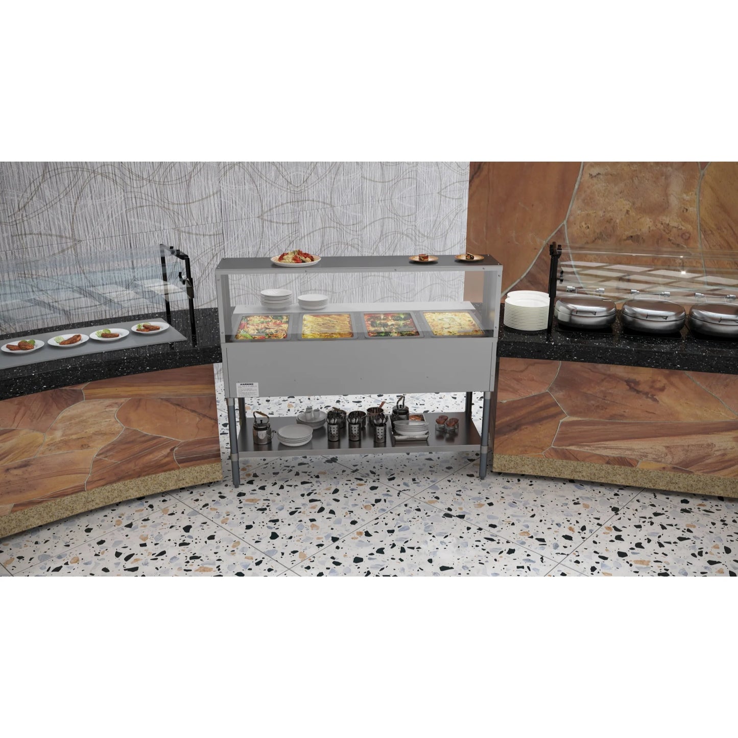 Koolmore KM-OWS-4SG 4-Pan Open Well Electric Steam Table With Undershelf And Sneeze-Guard, 120V