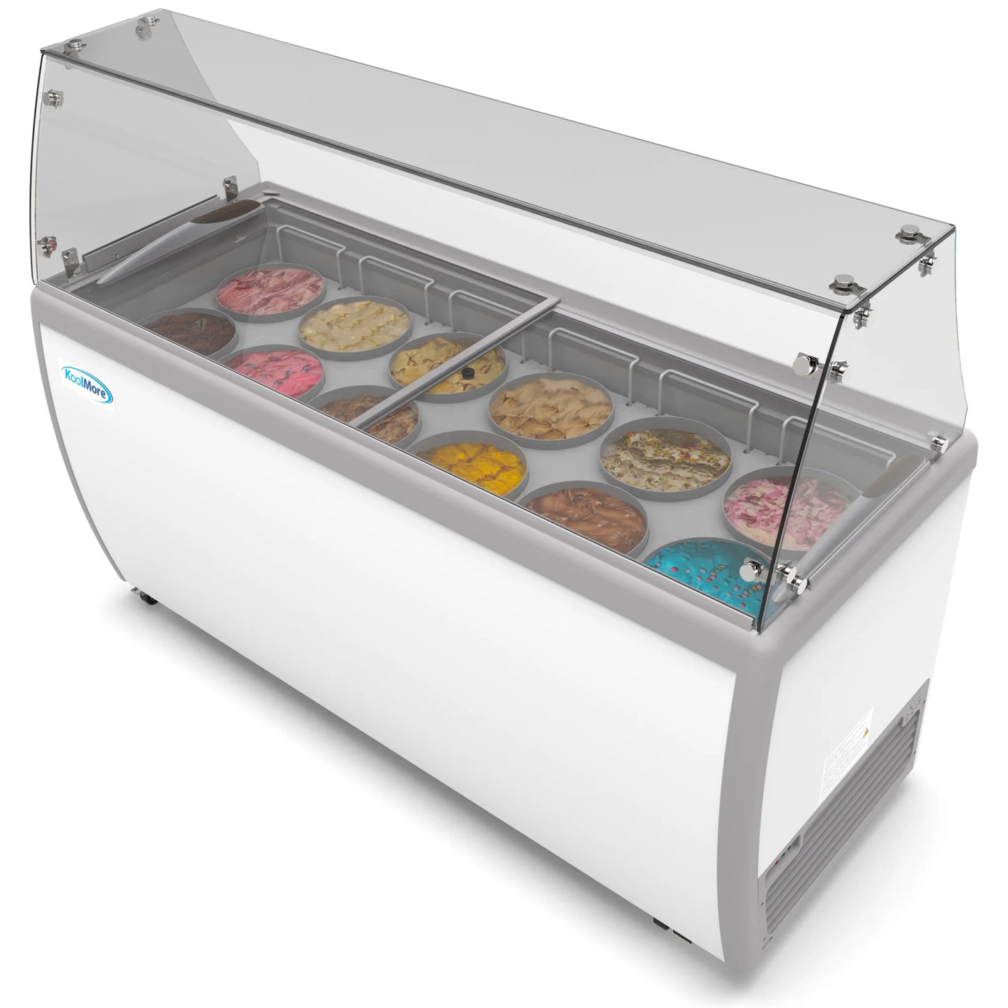 Koolmore KM-ICD-71SD-FG 70 In. Commercial 12 Tub Ice Cream Dipping Cabinet Display Freezer With Sliding Glass Door And Sneeze Guard- 20 Cu Ft.