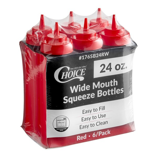 Choice 24 oz. Red Wide Mouth Squeeze Bottle - 6/Pack