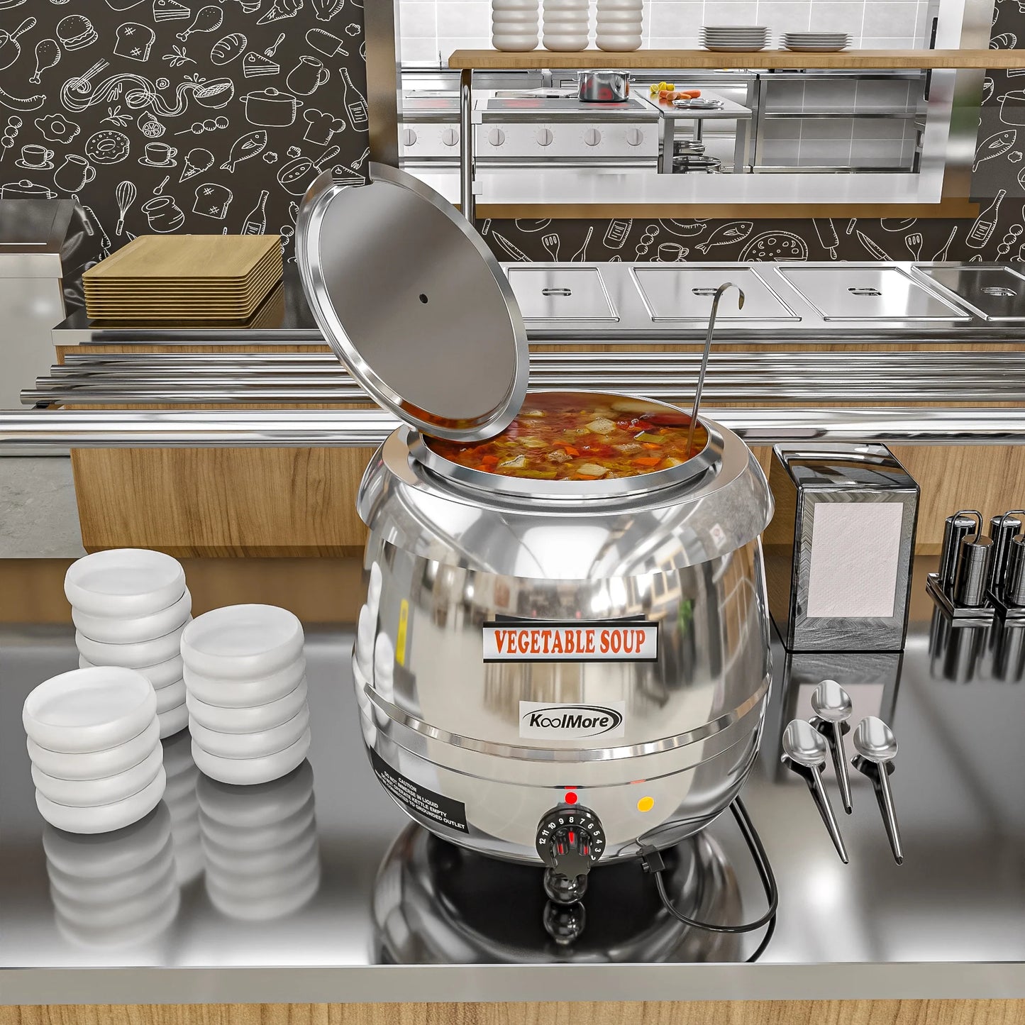 Koolmore SK-SS-3G 11.5 Qt. Round Countertop Black Stainless-Steel Food / Soup Kettle Warmer