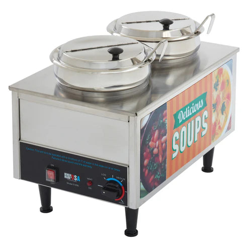 Benchmark USA 51072S Dual 7 Qt. Soup Warmer Merchandiser with Insets, Ladles, and Lids - 120V, 1200W