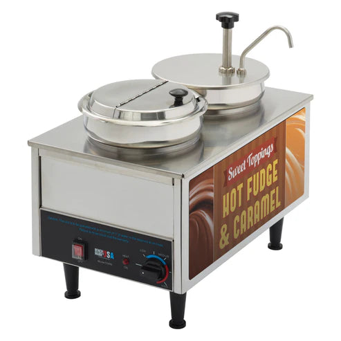 Benchmark USA 51073H Dual 7 Qt. Hot Fudge and Caramel Warmer with Pump, Ladle, and Lid - 120V, 1200W