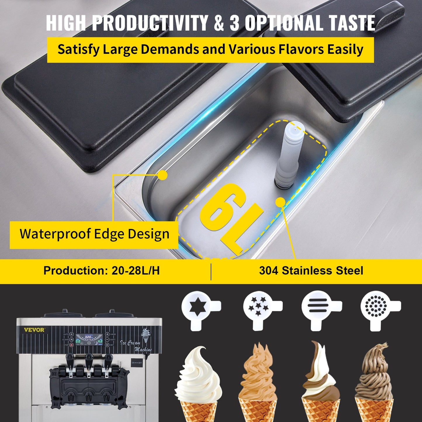 VEVOR YKF-8218T Commercial Ice Cream Machine 5.3 to 7.4Gal per Hour Soft Serve