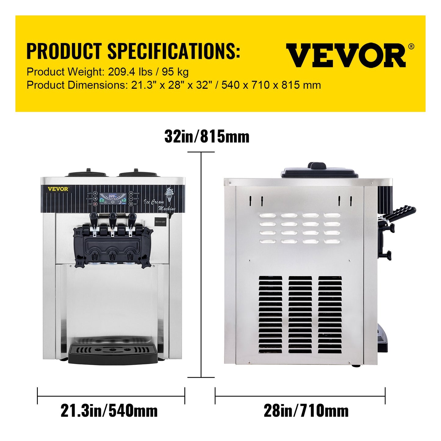 VEVOR YKF-8218T Commercial Ice Cream Machine 5.3 to 7.4Gal per Hour Soft Serve