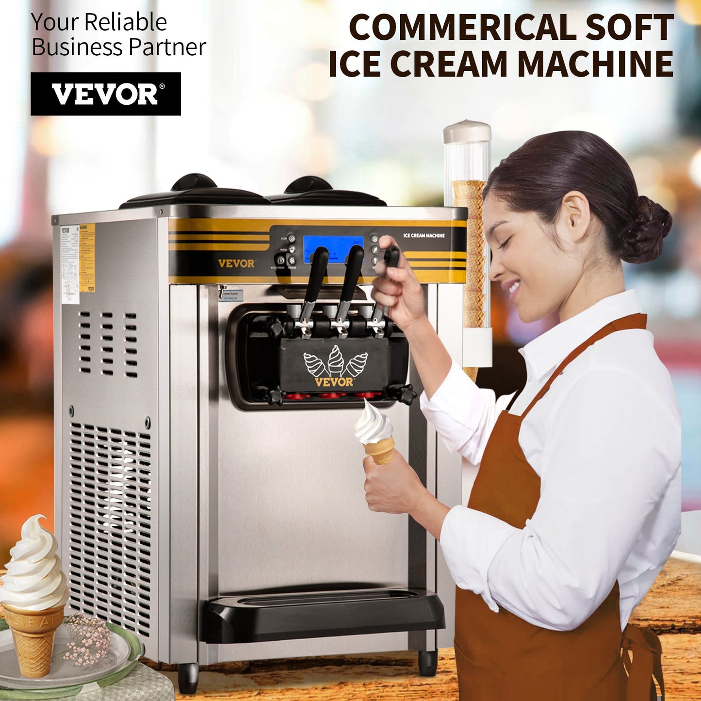 VEVOR BJH288SR2JB-Y Commercial Countertop Ice Cream Maker 5.8-7.9 Gal / 22-30 L per Hour 110V / 60Hz; 2350W