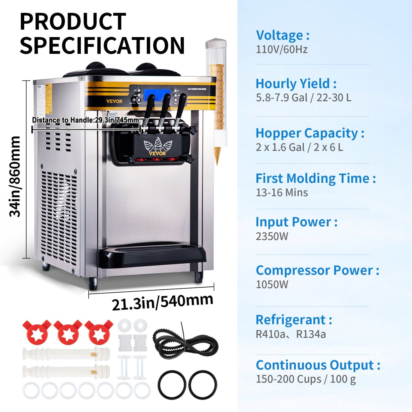 VEVOR BJH288SR2JB-Y Commercial Countertop Ice Cream Maker 5.8-7.9 Gal / 22-30 L per Hour 110V / 60Hz; 2350W