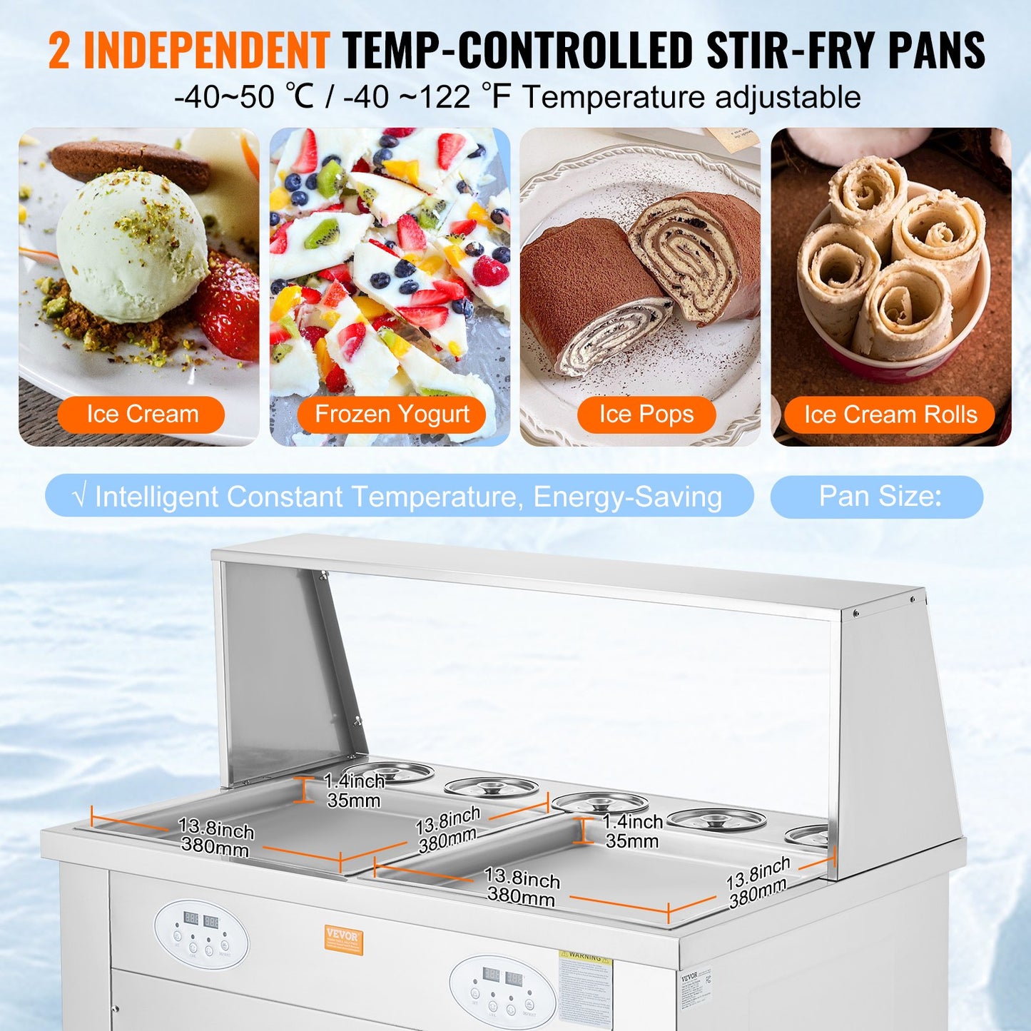 VEVOR CBJF-2D5B Commercial Fried Ice Cream Roll Machine, 2Pcs 13.8" x 13.8" Square