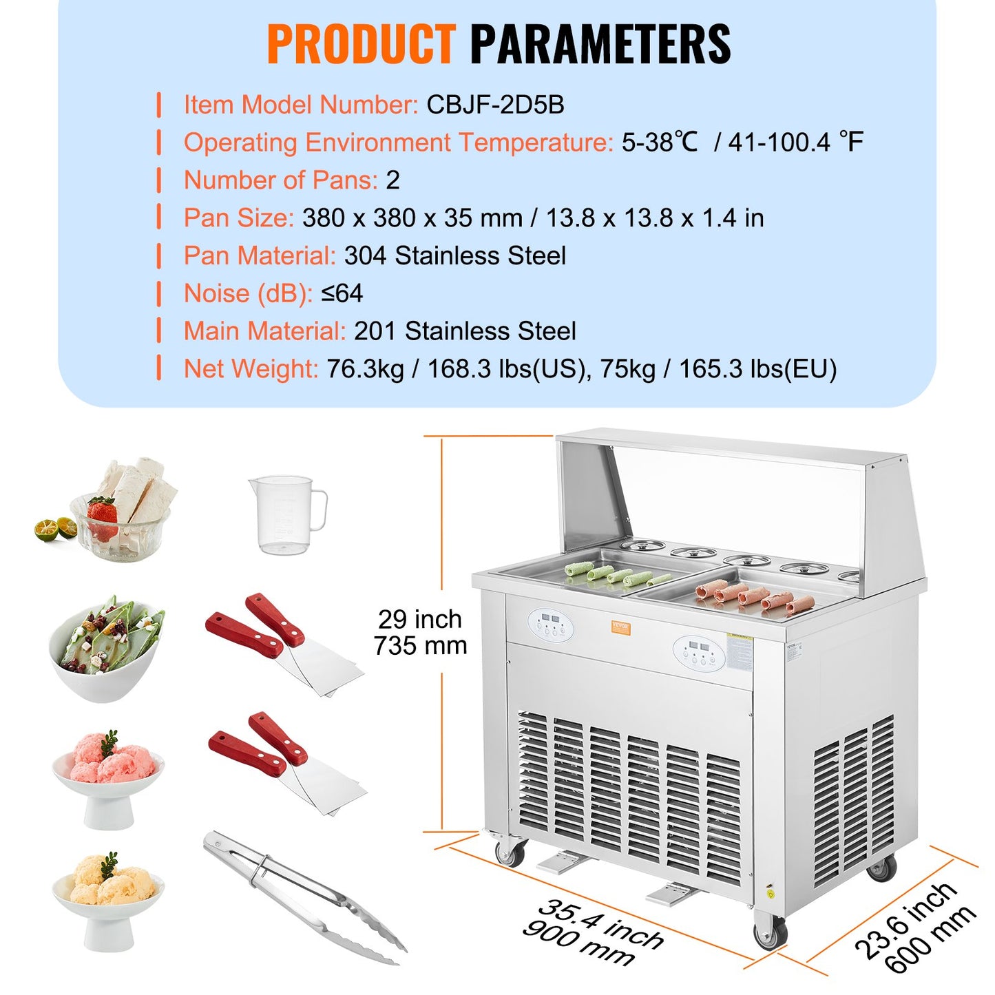 VEVOR CBJF-2D5B Commercial Fried Ice Cream Roll Machine, 2Pcs 13.8" x 13.8" Square