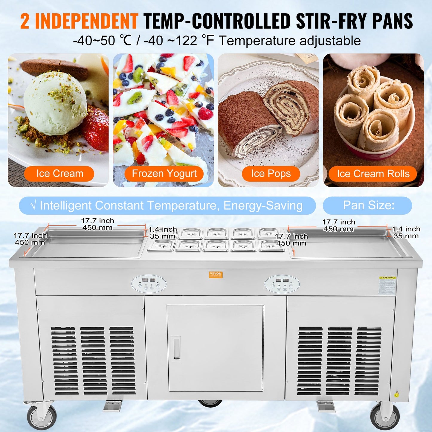 VEVOR CBJF-2D10A Commercial Fried Ice Cream Roll Machine, 2Pcs 17.7" x 17.7" Square