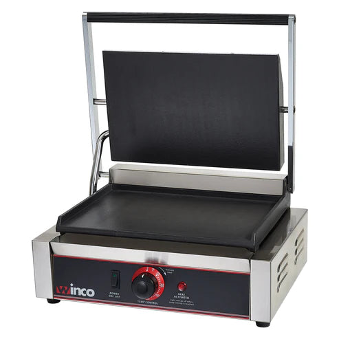 Winco ESG-1 Single Commercial Panini Press w/ Cast Iron Smooth Plates, 120v